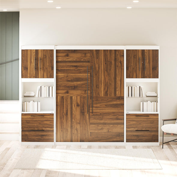 Pinnacle Full Wall Bed Bundle with 2 Side Cabinets & Touch Sensor LED Lighting - Columbia Walnut