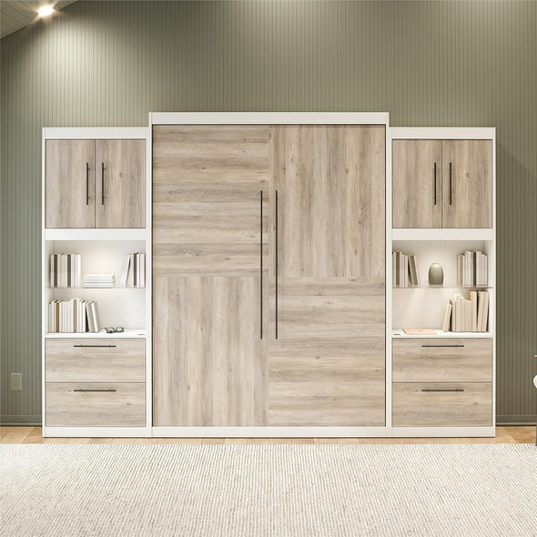 Pinnacle Queen Wall Bed Bundle with 2 Side Cabinets & Touch Sensor LED Lighting - Gray Oak