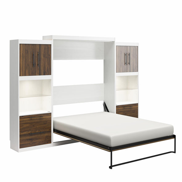 Pinnacle Queen Wall Bed Bundle with 2 Side Cabinets & Touch Sensor LED Lighting - Columbia Walnut