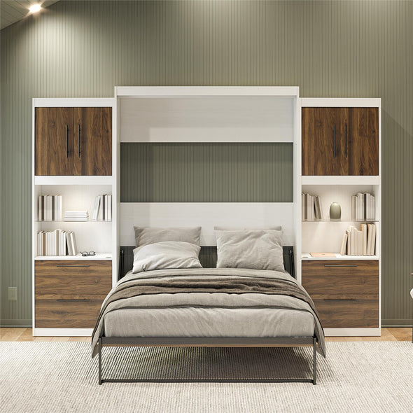 Pinnacle Queen Wall Bed Bundle with 2 Side Cabinets & Touch Sensor LED Lighting - Columbia Walnut