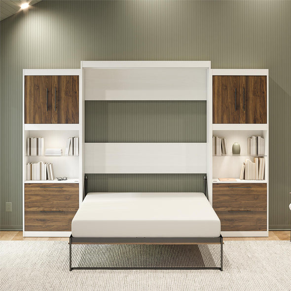 Pinnacle Queen Wall Bed Bundle with 2 Side Cabinets & Touch Sensor LED Lighting - Columbia Walnut