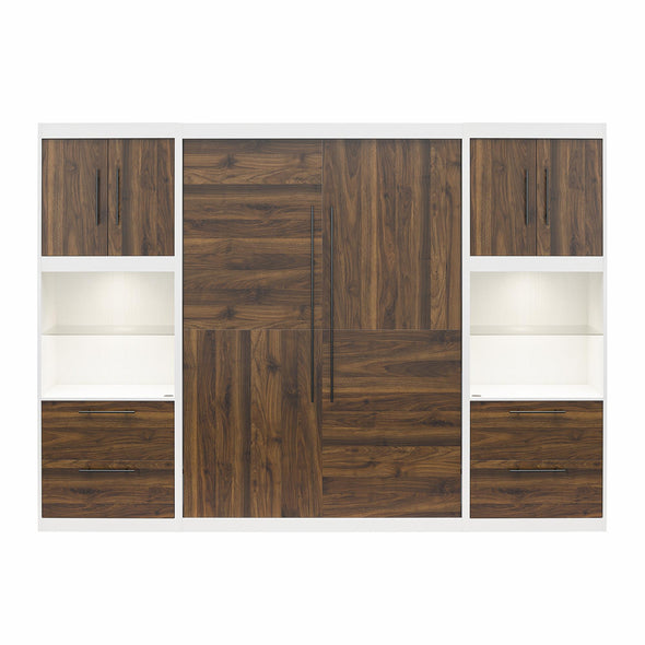 Pinnacle Full Wall Bed Bundle with 2 Side Cabinets & Touch Sensor LED Lighting - Columbia Walnut