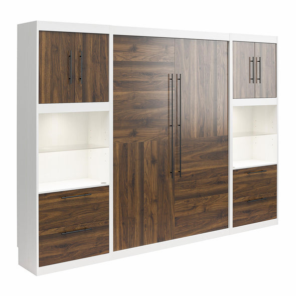 Pinnacle Full Wall Bed Bundle with 2 Side Cabinets & Touch Sensor LED Lighting - Columbia Walnut