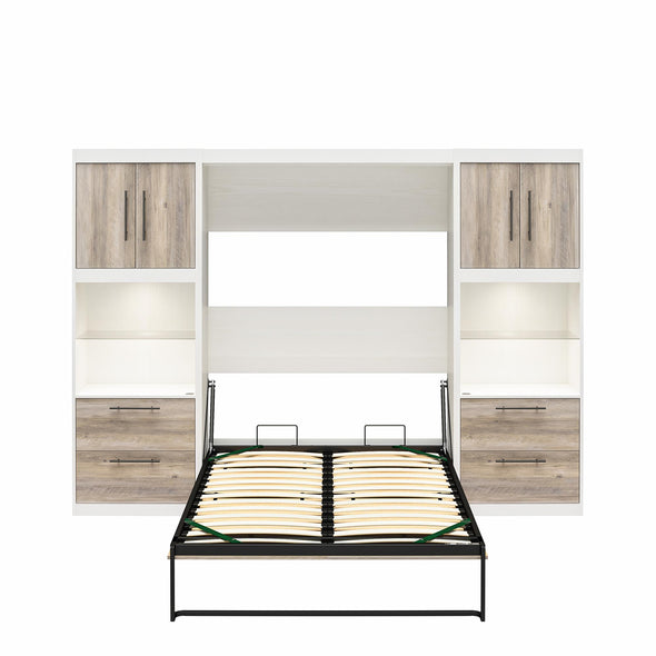 Pinnacle Full Wall Bed Bundle with 2 Side Cabinets & Touch Sensor LED Lighting - Gray Oak