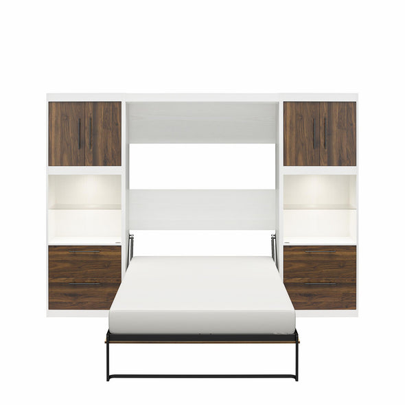 Pinnacle Full Wall Bed Bundle with 2 Side Cabinets & Touch Sensor LED Lighting - Columbia Walnut