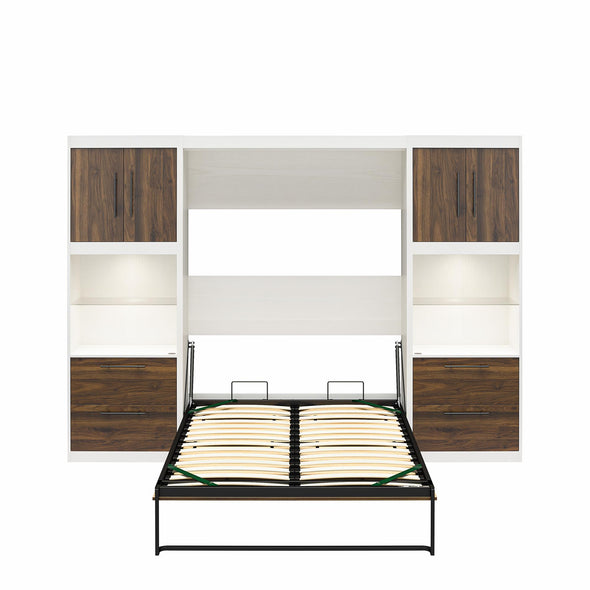 Pinnacle Full Wall Bed Bundle with 2 Side Cabinets & Touch Sensor LED Lighting - Columbia Walnut