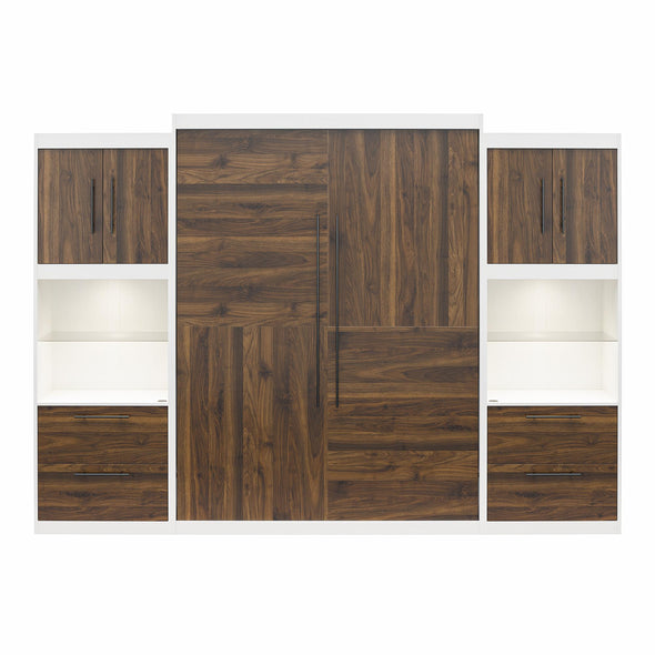 Pinnacle Queen Wall Bed Bundle with 2 Side Cabinets & Touch Sensor LED Lighting - Columbia Walnut