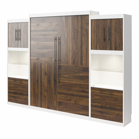 Pinnacle Queen Wall Bed Bundle with 2 Side Cabinets & Touch Sensor LED Lighting - Columbia Walnut