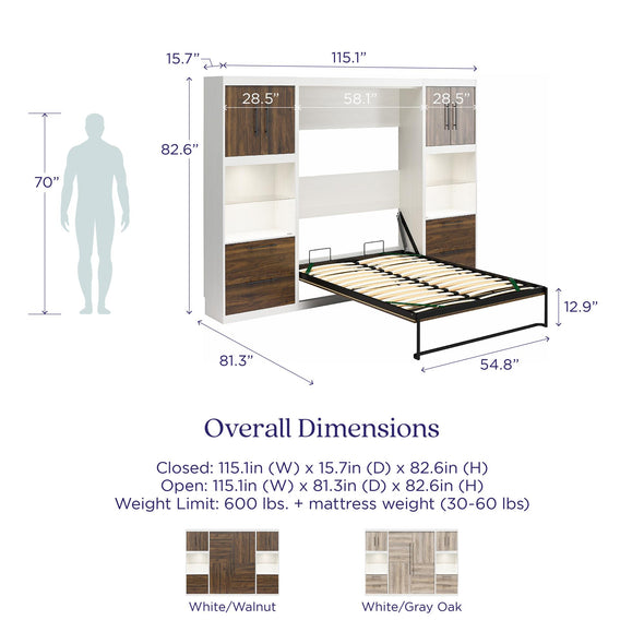 Pinnacle Full Wall Bed Bundle with 2 Side Cabinets & Touch Sensor LED Lighting - Columbia Walnut