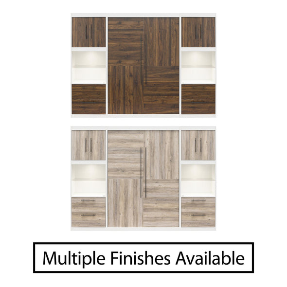 Pinnacle Full Wall Bed Bundle with 2 Side Cabinets & Touch Sensor LED Lighting - Columbia Walnut