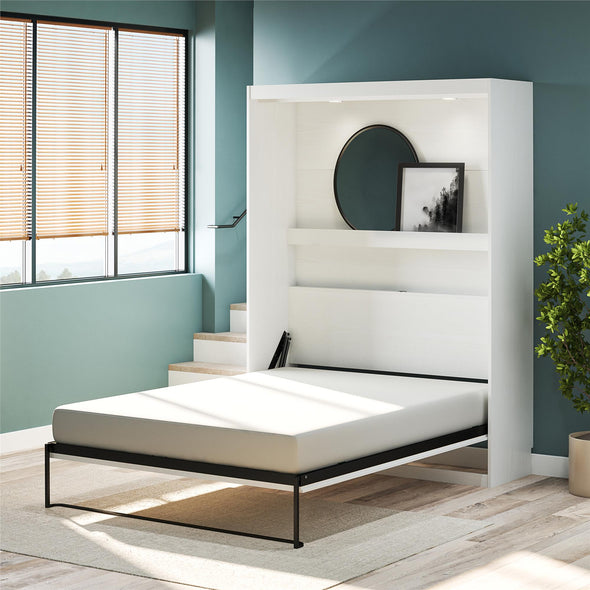 Impressions Full Wall Bed with Gallery Shelf & Touch Sensor LED Lighting - White