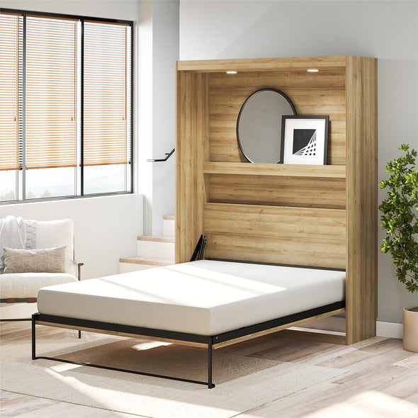 Impressions Queen Wall Bed with Gallery Shelf & Touch Sensor LED Lighting - Natural