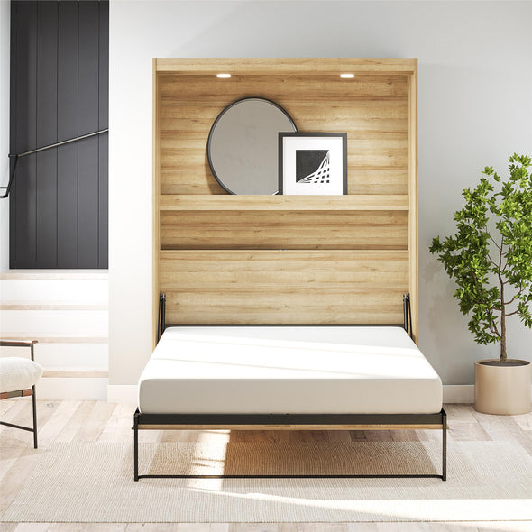 Impressions Queen Wall Bed with Gallery Shelf & Touch Sensor LED Lighting - Natural