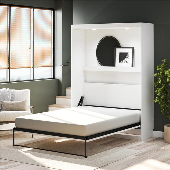 Impressions Queen Wall Bed with Gallery Shelf & Touch Sensor LED Lighting - White