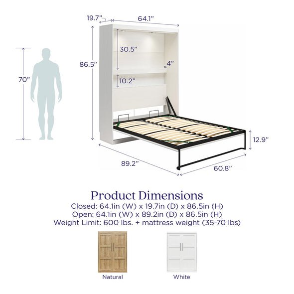 Impressions Queen Wall Bed with Gallery Shelf & Touch Sensor LED Lighting - Natural