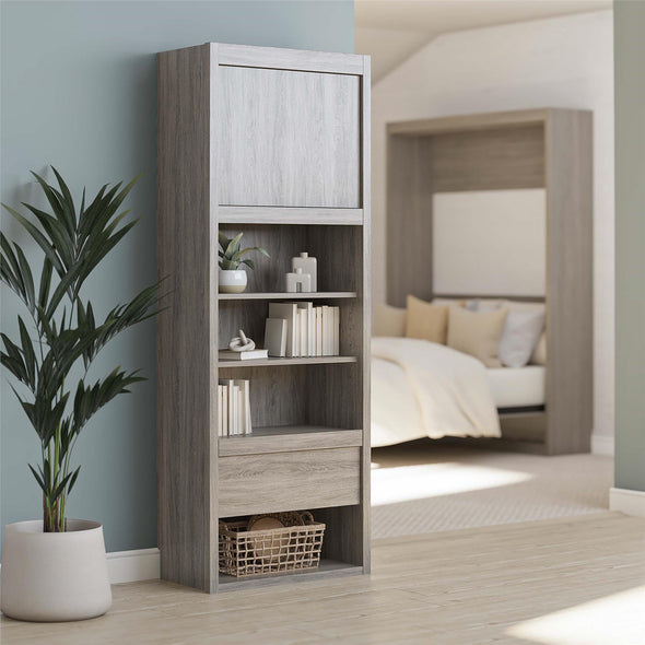 Paramount Single Bedside Bookcase with Pullout Nightstand and Storage - Gray Oak