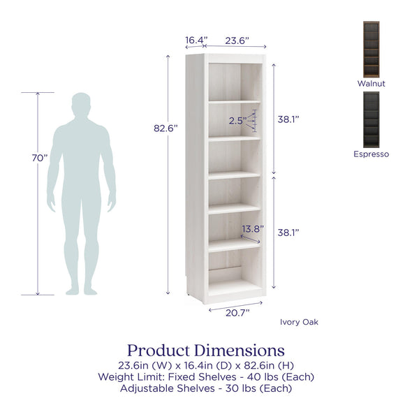 Paramount Tall 6-Shelf Open Storage Tower Bookcase - Columbia Walnut