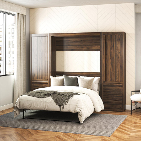 Paramount Full Wall Bed Bundle with 2 Armoire Side Cabinets - Columbia Walnut - Full