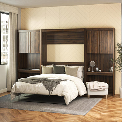 Paramount Full Wall Bed Bundle with 2 Vanity/Desk Storage Cabinets with Drawers - Columbia Walnut - Full