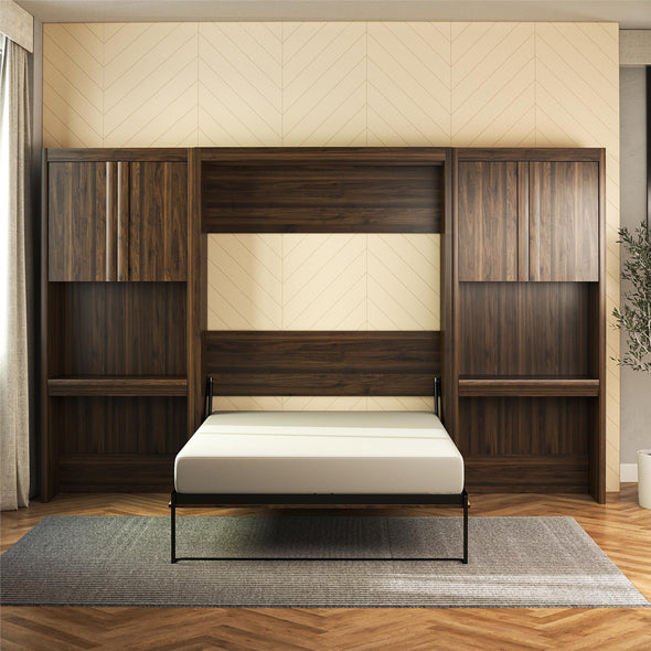 Paramount Full Wall Bed Bundle with 2 Vanity/Desk Storage Cabinets with Drawers - Columbia Walnut - Full