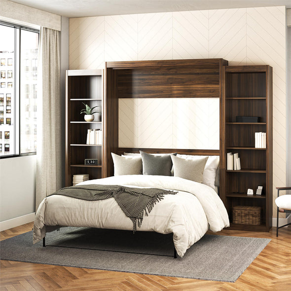 Signature Sleep Paramount Queen Wall Bed Bundle with 2 Open Storage Side Cabinets - Columbia Walnut - Queen