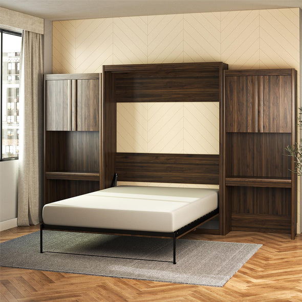 Signature Sleep Paramount Queen Wall Bed Bundle with 2 Vanity/Desk Storage Cabinets with Drawers - Columbia Walnut - Queen