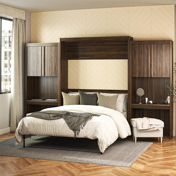 Signature Sleep Paramount Queen Wall Bed Bundle with 2 Vanity/Desk Storage Cabinets with Drawers - Columbia Walnut - Queen