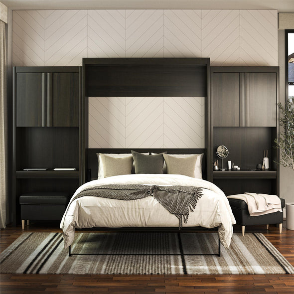 Signature Sleep Paramount Queen Wall Bed Bundle with 2 Vanity/Desk Storage Cabinets with Drawers - Espresso - Queen