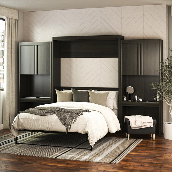 Signature Sleep Paramount Queen Wall Bed Bundle with 2 Vanity/Desk Storage Cabinets with Drawers - Espresso - Queen