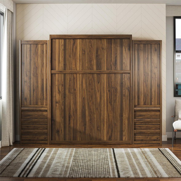 Signature Sleep Paramount Queen Wall Bed Bundle with 2 Armoire Side Cabinets - Columbia Walnut - Queen