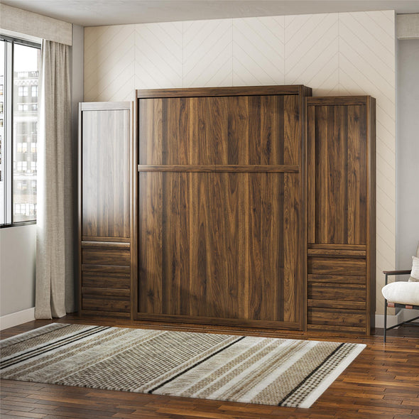 Signature Sleep Paramount Queen Wall Bed Bundle with 2 Armoire Side Cabinets - Columbia Walnut - Queen