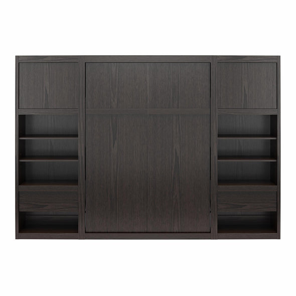 Paramount Full Wall Bed Bundle with 2 Bedside Bookcase Cabinets & Slide-Out Nightstands - Espresso