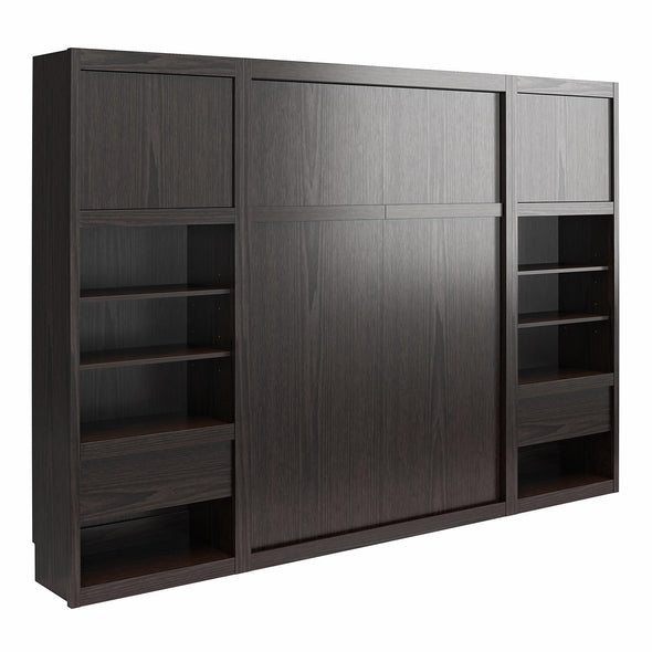 Paramount Full Wall Bed Bundle with 2 Bedside Bookcase Cabinets & Slide-Out Nightstands - Espresso