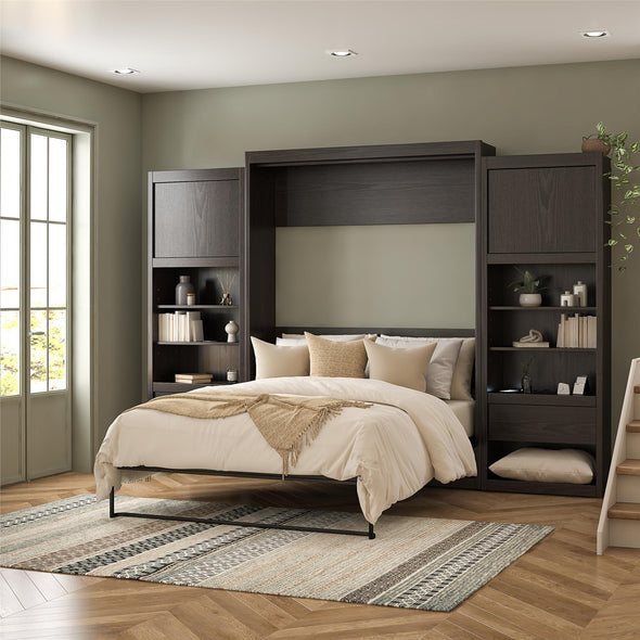 Paramount Queen Wall Bed Bundle, 2 Bedside Bookcase Cabinets & Slide-Out Nightstands - Espresso