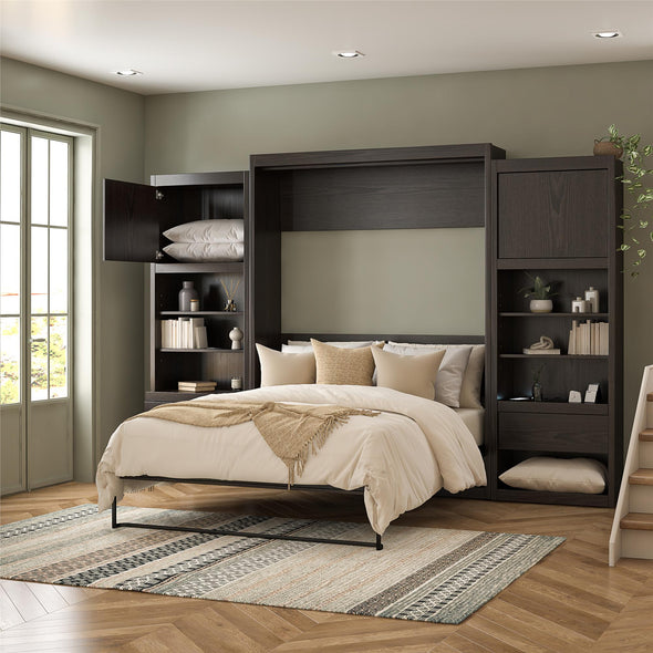 Paramount Queen Wall Bed Bundle, 2 Bedside Bookcase Cabinets & Slide-Out Nightstands - Espresso