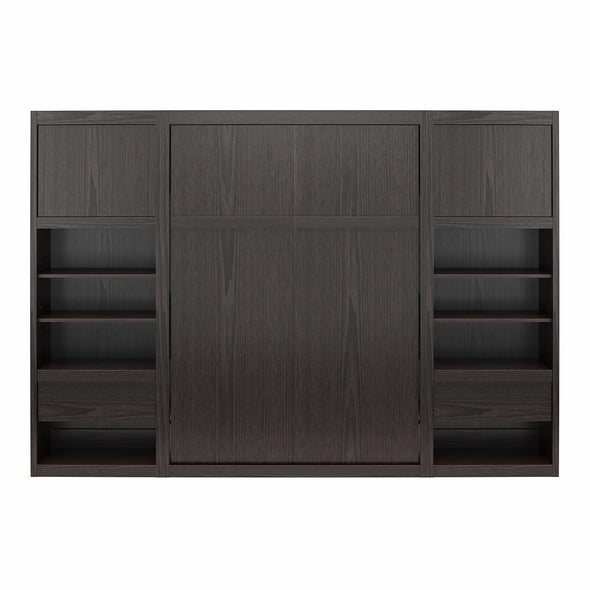 Paramount Queen Wall Bed Bundle, 2 Bedside Bookcase Cabinets & Slide-Out Nightstands - Espresso