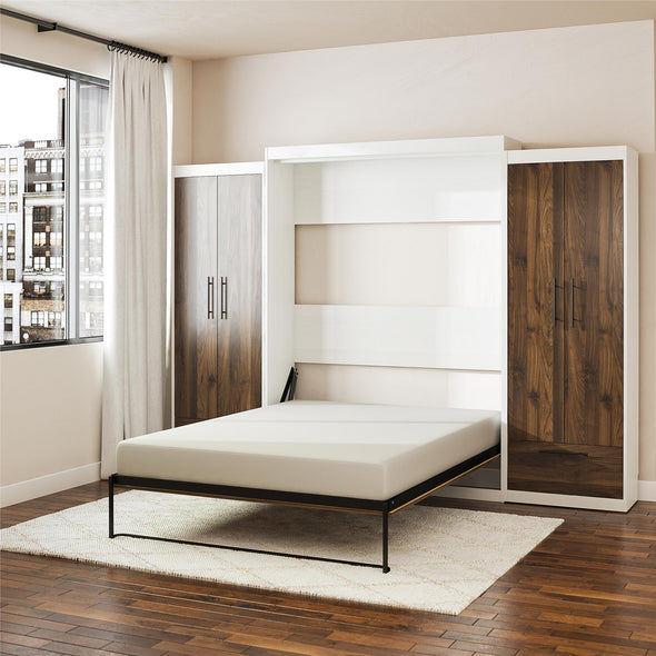 Pinnacle Queen Wall Bed Bundle with 2 Wardrobe Side Cabinets  - Columbia Walnut - Queen