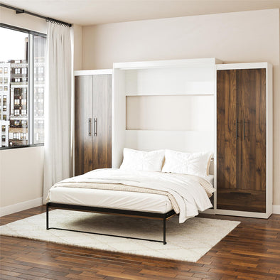 Pinnacle Queen Wall Bed Bundle with 2 Wardrobe Side Cabinets  - Columbia Walnut - Queen