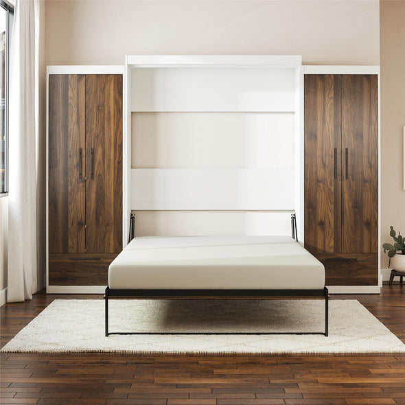 Pinnacle Queen Wall Bed Bundle with 2 Wardrobe Side Cabinets  - Columbia Walnut - Queen