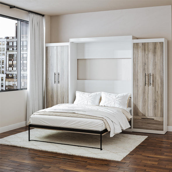 Pinnacle Queen Wall Bed Bundle with 2 Wardrobe Side Cabinets  - Gray Oak - Queen