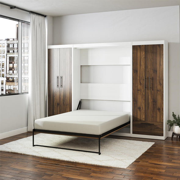 Pinnacle Full Wall Bed Bundle with 2 Wardrobe Side Cabinets  - Columbia Walnut - Full