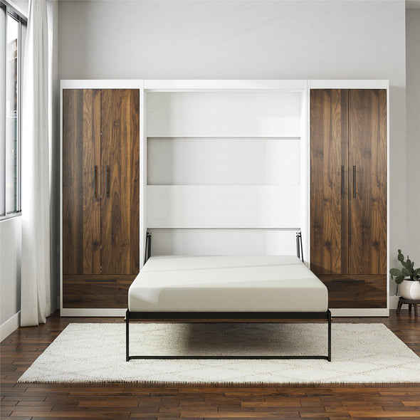 Pinnacle Full Wall Bed Bundle with 2 Wardrobe Side Cabinets  - Columbia Walnut - Full