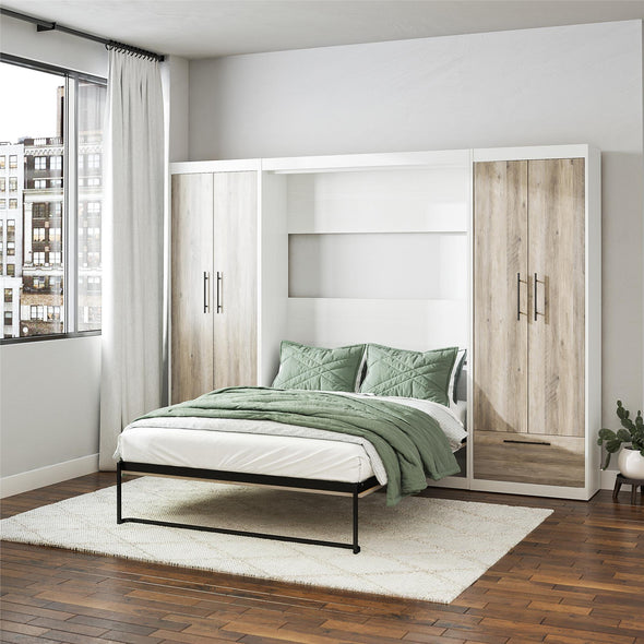 Pinnacle Full Wall Bed Bundle with 2 Wardrobe Side Cabinets  - Gray Oak - Full