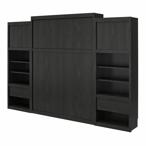 Paramount Queen Wall Bed Bundle with 2 Bedside Storage Cabinets & 8" Memory Foam Mattress - Black Oak - Queen