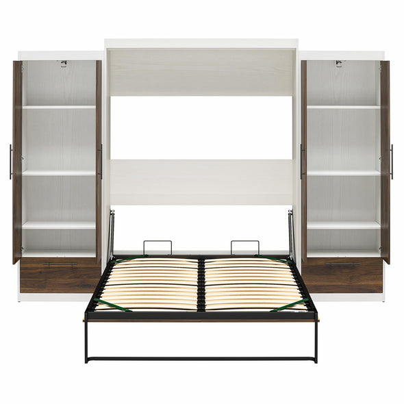 Pinnacle Queen Wall Bed Bundle with 2 Wardrobe Side Cabinets  - Columbia Walnut - Queen