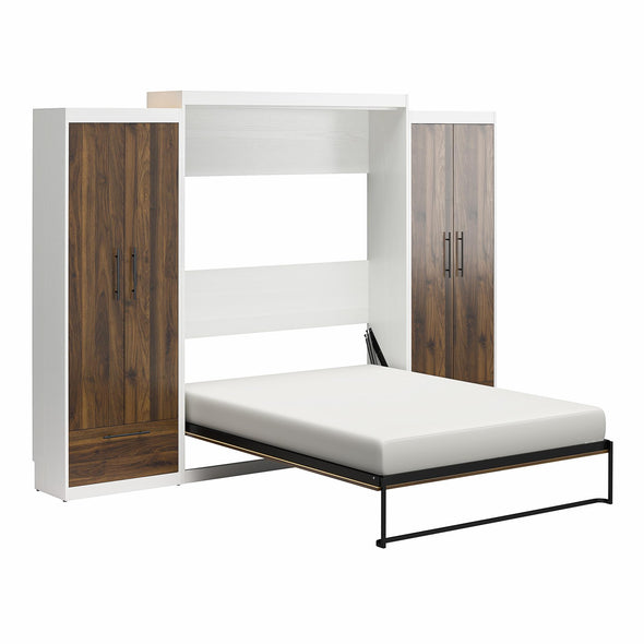 Pinnacle Queen Wall Bed Bundle with 2 Wardrobe Side Cabinets  - Columbia Walnut - Queen