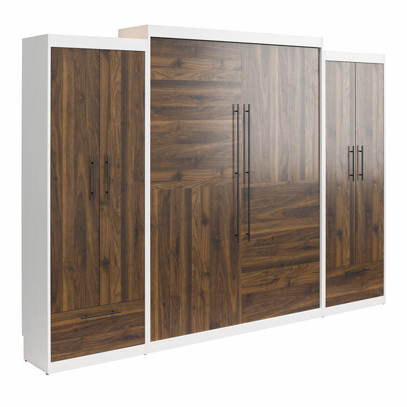 Pinnacle Queen Wall Bed Bundle with 2 Wardrobe Side Cabinets  - Columbia Walnut - Queen