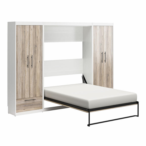 Pinnacle Full Wall Bed Bundle with 2 Wardrobe Side Cabinets  - Gray Oak - Full