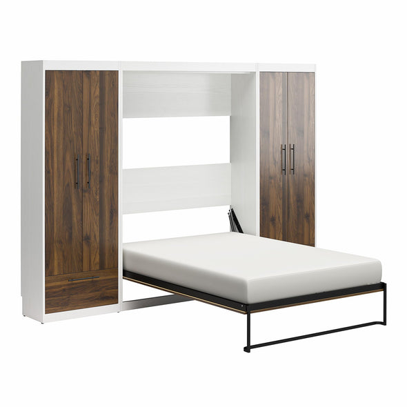 Pinnacle Full Wall Bed Bundle with 2 Wardrobe Side Cabinets  - Columbia Walnut - Full