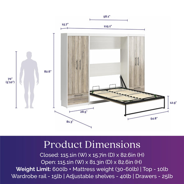 Pinnacle Full Wall Bed Bundle with 2 Wardrobe Side Cabinets  - Gray Oak - Full